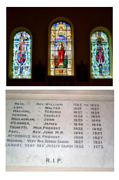 Stained glass windows of St. Margaret of Scotland, The Good Shepherd and St. John Oglivie with the memorial window.