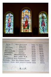 Stained glass windows of St. Margaret of Scotland, The Good Shepherd and St. John Oglivie with the memorial window.